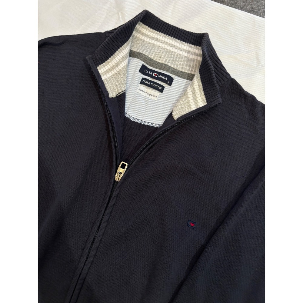 Casa Moda Mens XL Pima Cotton Full Zip‎ Sweater Navy Blue Mock Neck Knit Jacket
